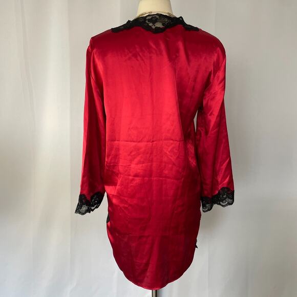 Lingerie Nightgown Size Small Red Satin Black Lace Long Sleeve Sleep Silky Sexy - Picture 8 of 15